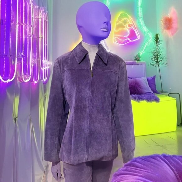Vintage Pritti Purple Suede 100% Leather Full Zip Collar Jacket Size Large - Picture 1 of 16